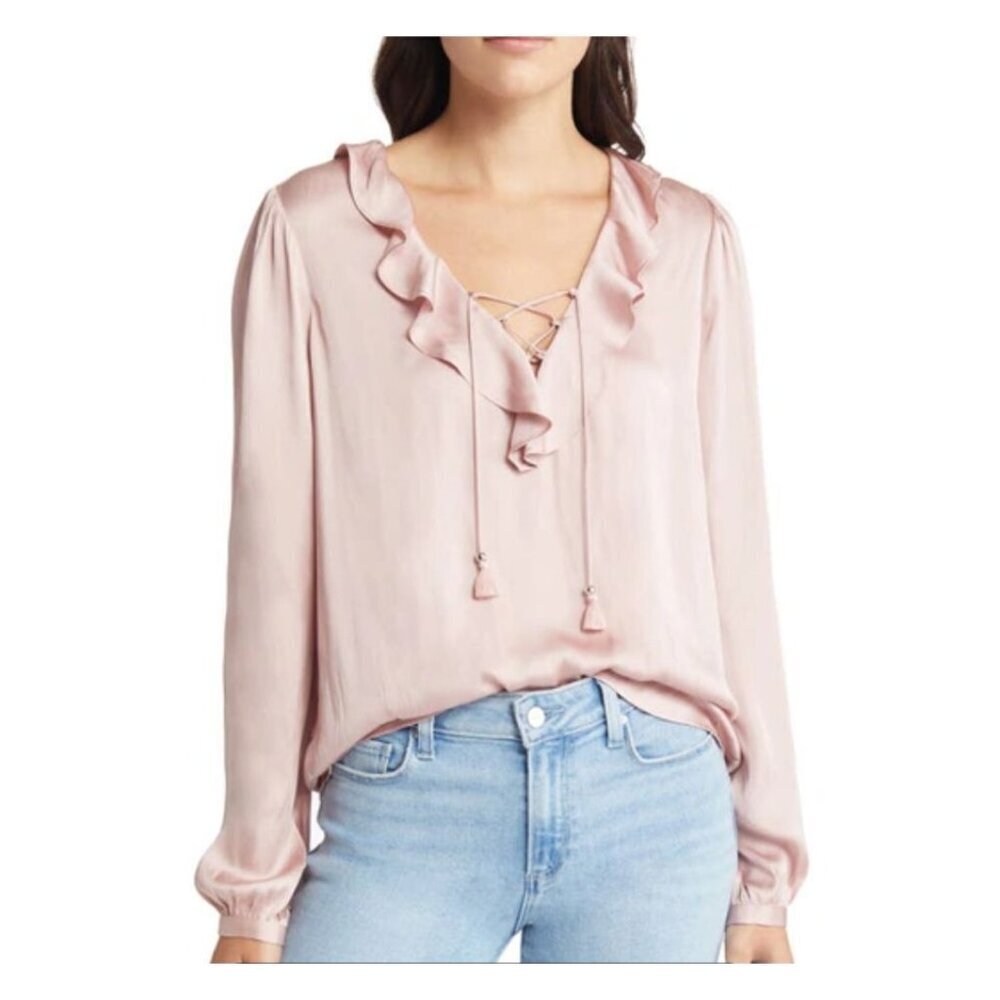 PAIGE NWT Ilara Charmeuse Blouse In Blush Pink Size Large Ruffle V Neck